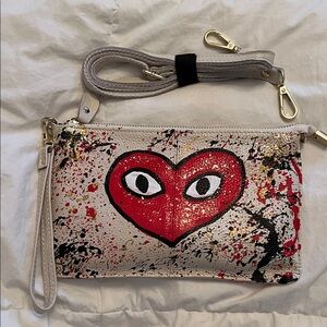 Anca Barbu Hand-Painted Leather Crossbody/ Wristlet Clutch with Red Heart Motif